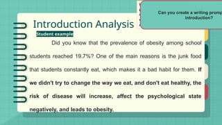 Introduction Analysis
Student example
Did you know that the prevalence of obesity among school
students reached 19.7%? One of the main reasons is the junk food
that students constantly eat, which makes it a bad habit for them. If
we didn't try to change the way we eat, and don't eat healthy, the
risk of disease will increase, affect the psychological state
negatively, and leads to obesity.
Writing Prompt: Write an essay discussin
unhealthy eating habits on school studen
• Discuss the chances of getting sick.
• Explore possible psychological effects.
• Talk about the risks of developing obesit
Can you create a writing promp
introduction?
 