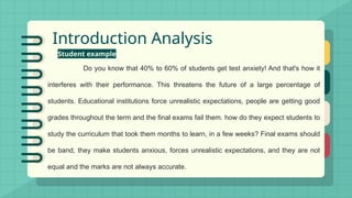 Introduction Analysis
Student example
Do you know that 40% to 60% of students get test anxiety! And that's how it
interferes with their performance. This threatens the future of a large percentage of
students. Educational institutions force unrealistic expectations, people are getting good
grades throughout the term and the final exams fail them. how do they expect students to
study the curriculum that took them months to learn, in a few weeks? Final exams should
be band, they make students anxious, forces unrealistic expectations, and they are not
equal and the marks are not always accurate.
 