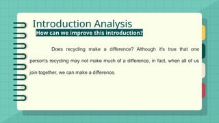 Introduction Analysis
How can we improve this introduction?
Does recycling make a difference? Although it's true that one
person's recycling may not make much of a difference, in fact, when all of us
join together, we can make a difference.
 