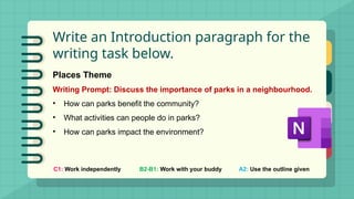 Write an Introduction paragraph for the
writing task below.
C1: Work independently B2-B1: Work with your buddy A2: Use the outline given
Places Theme
Writing Prompt: Discuss the importance of parks in a neighbourhood.
• How can parks benefit the community?
• What activities can people do in parks?
• How can parks impact the environment?
 