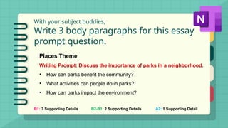 With your subject buddies,
Write 3 body paragraphs for this essay
prompt question.
B1: 3 Supporting Details B2-B1: 2 Supporting Details A2: 1 Supporting Detail
Places Theme
Writing Prompt: Discuss the importance of parks in a neighborhood.
• How can parks benefit the community?
• What activities can people do in parks?
• How can parks impact the environment?
 