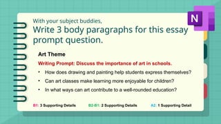 With your subject buddies,
Write 3 body paragraphs for this essay
prompt question.
B1: 3 Supporting Details B2-B1: 2 Supporting Details A2: 1 Supporting Detail
Art Theme
Writing Prompt: Discuss the importance of art in schools.
• How does drawing and painting help students express themselves?
• Can art classes make learning more enjoyable for children?
• In what ways can art contribute to a well-rounded education?
 
