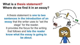 What is a thesis statement?
Where do we find it in an essay?
A thesis statement is one to two
sentences in the introduction of an
essay that the writer uses to “set the
stage” for the reader.
It provides the focus for the writing
that follows and lets the reader
know what the essay is going to
be about.
 