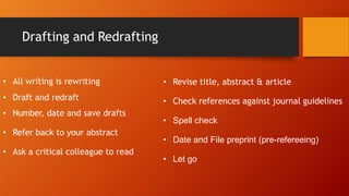 Drafting and Redrafting
• All writing is rewriting
• Draft and redraft
• Number, date and save drafts
• Refer back to your abstract
• Ask a critical colleague to read
• Revise title, abstract & article
• Check references against journal guidelines
• Spell check
• Date and File preprint (pre-refereeing)
• Let go
 