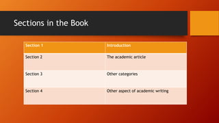 Sections in the Book
Section 1 Introduction
Section 2 The academic article
Section 3 Other categories
Section 4 Other aspect of academic writing
 