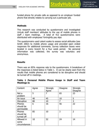 104 ENGLISH FOR ACADEMIC WRITING
funded phone for private calls as opposed to an employer funded
phone that directly relates to carrying out a particular job.
Methods
This research was conducted by questionnaire and investigated
UniLab staff members’ attitudes to the use of mobile phones in
staff / team meetings. A total of 412 questionnaires were
distributed with employees' fortnightly pay slips
The questionnaire used Lekert scales to assess social attitudes (see
Smith 2002) to mobile phone usage and provided open ended
responses for additional comments. Survey collection boxes were
located in every branch for a four week period. No personal
information was collected; the survey was voluntary and
anonymous.
Results
There was an 85% response rate to the questionnaire. A breakdown of
the responses is listed below in Table 1. It can be clearly seen from the
results that mobile phones are considered to be disruptive and should
be turned off in meetings.
Table 1 Personal Mobile Phone Usage in Staff and Team
Meetings Is
Content Agree Strongly
Agree
Disagree Strongly
Disagree
Not a
problem
5 7 65 23
An issue 40 45 10 5
Disruptive 80 10 7 3
Phones
should be
permissible
6 16 56 22
Phones
should be
turned off
85 10 3 2
Allowed in
some
circumstances
10 52 24 14
 