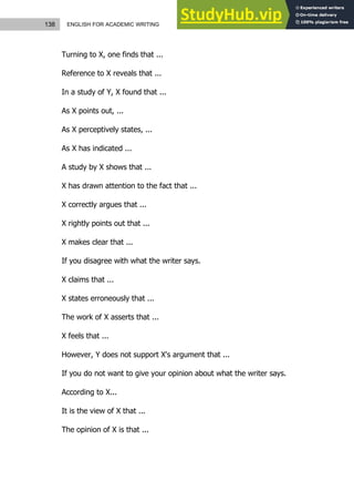 138 ENGLISH FOR ACADEMIC WRITING
Turning to X, one finds that ...
Reference to X reveals that ...
In a study of Y, X found that ...
As X points out, ...
As X perceptively states, ...
As X has indicated ...
A study by X shows that ...
X has drawn attention to the fact that ...
X correctly argues that ...
X rightly points out that ...
X makes clear that ...
If you disagree with what the writer says.
X claims that ...
X states erroneously that ...
The work of X asserts that ...
X feels that ...
However, Y does not support X's argument that ...
If you do not want to give your opinion about what the writer says.
According to X...
It is the view of X that ...
The opinion of X is that ...
 