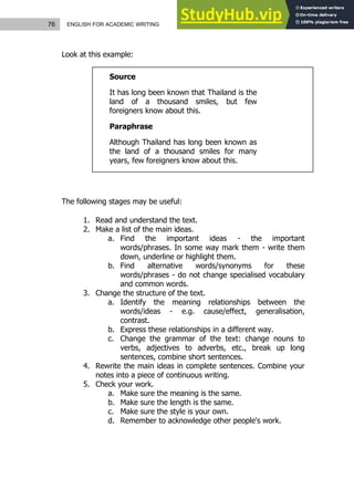 76 ENGLISH FOR ACADEMIC WRITING
Look at this example:
Source
It has long been known that Thailand is the
land of a thousand smiles, but few
foreigners know about this.
Paraphrase
Although Thailand has long been known as
the land of a thousand smiles for many
years, few foreigners know about this.
The following stages may be useful:
1. Read and understand the text.
2. Make a list of the main ideas.
a. Find the important ideas - the important
words/phrases. In some way mark them - write them
down, underline or highlight them.
b. Find alternative words/synonyms for these
words/phrases - do not change specialised vocabulary
and common words.
3. Change the structure of the text.
a. Identify the meaning relationships between the
words/ideas - e.g. cause/effect, generalisation,
contrast.
b. Express these relationships in a different way.
c. Change the grammar of the text: change nouns to
verbs, adjectives to adverbs, etc., break up long
sentences, combine short sentences.
4. Rewrite the main ideas in complete sentences. Combine your
notes into a piece of continuous writing.
5. Check your work.
a. Make sure the meaning is the same.
b. Make sure the length is the same.
c. Make sure the style is your own.
d. Remember to acknowledge other people's work.
 