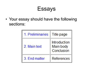 Essays
• Your essay should have the following
sections:
 