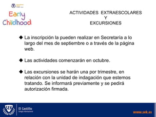 ACTIVIDADES EXTRAESCOLARES
Y
EXCURSIONES
 La inscripción la pueden realizar en Secretaría a lo
largo del mes de septiembre o a través de la página
web.
 Las actividades comenzarán en octubre.
 Las excursiones se harán una por trimestre, en
relación con la unidad de indagación que estemos
tratando. Se informará previamente y se pedirá
autorización firmada.
 