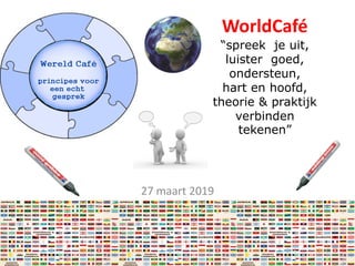 WorldCafé
“spreek je uit,
luister goed,
ondersteun,
hart en hoofd,
theorie & praktijk
verbinden
tekenen”
27 maart 2019
 