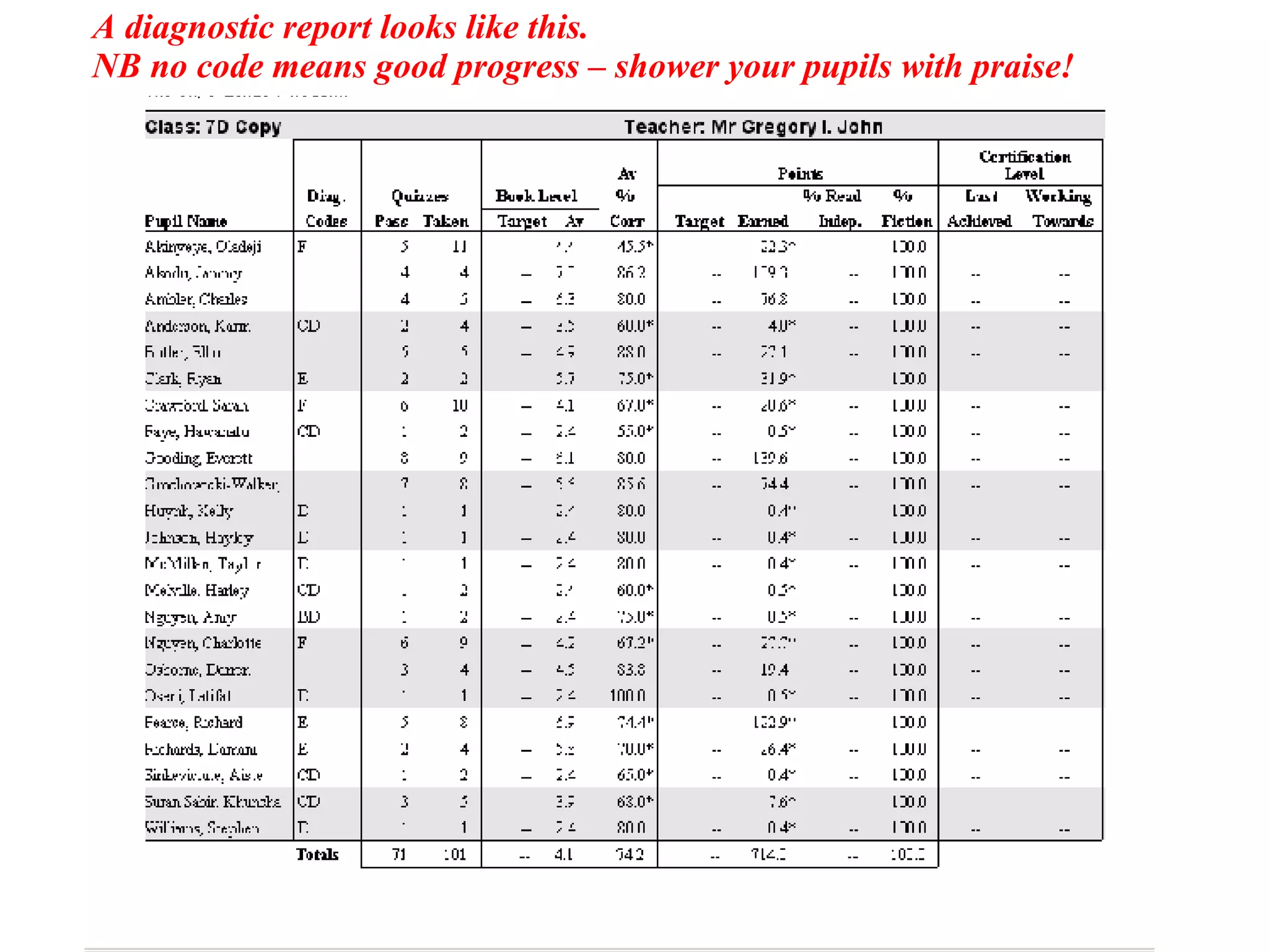 A diagnostic report looks like this.  NB no code means good progress – shower your pupils with praise! 