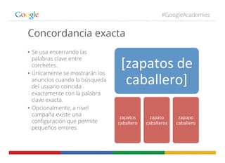 #GoogleAcademies
Concordancia exacta
•  Se usa encerrando las
palabras clave entre
corchetes.
•  Únicamente se mostrarán los
anuncios cuando la búsqueda
del usuario coincida
exactamente con la palabra
clave exacta.
•  Opcionalmente, a nivel
campaña existe una
conﬁguración que permite
pequeños errores.
[zapatos	
  de	
  
caballero]	
  
zapatos	
  
caballero	
  
zapato	
  
caballeros	
  
zapapo	
  
caballero	
  
 