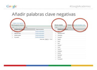 #GoogleAcademies
Añadir palabras clave negativas
 