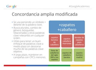 #GoogleAcademies
Concordancia amplia modiﬁcada
•  Se usa poniendo un símbolo +
delante de la palabra clave.
•  Busca plura...