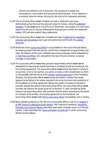 15
efficient and effective use of resources, the avoidance of waste and
extravagance, and prudent and economical administration. A key objective is
to achieve value for money not only for the trust but for taxpayers generally.
1.5.22 The accounting officer must complete and sign a statement each year
demonstrating how the trust has secured value for money, using the published
template. Trusts must send it to EFA by 31 December, and publish it on the trust’s
website by the end of January following the financial year to which the statement
relates. EFA will also publish these statements.
1.5.23 The accounting officer must also complete and sign a statement on regularity,
propriety and compliance each year and submit this to EFA with the audited
accounts.
1.5.24 Whilst the trust’s accounting officer is accountable for the trust’s financial affairs,
for keeping proper financial records, and for the management of opportunities and
risks, the delivery of the trust’s detailed accounting processes will be delegated to
a chief financial officer, who will perform the role of finance director, business
manager or equivalent.
1.5.25 The accounting officer must take personal responsibility (which must not be
delegated) for assuring the board that there is compliance with the handbook and
the funding agreement. The accounting officer must advise the board in writing if,
at any time, in his or her opinion, any action or policy under consideration by them
is incompatible with the terms of the articles, funding agreement or this handbook.
Similarly, the accounting officer must advise the board in writing if the board
appears to be failing to act where required to do so by the terms and conditions of
the handbook or funding agreement. Where the board of trustees is minded to
proceed, despite the advice of the accounting officer, the accounting officer must
consider the reasons the board gives for its decision. If, after considering those
reasons the accounting officer still considers that the action proposed by the board
is in breach of the articles, the funding agreement or this handbook, the
accounting officer must notify EFA’s accounting officer immediately, and in writing.
1.5.26 More detailed guidance on the role of an accounting officer is set out in chapter 3
of HM Treasury’s Managing Public Money. HM Treasury's handbook, Regularity,
Propriety and Value for Money describes what these concepts mean in a financial
context. It also describes the ‘seven principles of public life’ to which accounting
officers should adhere.
 