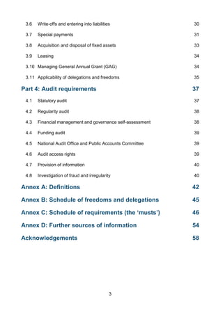 3
3.6 Write-offs and entering into liabilities 30
3.7 Special payments 31
3.8 Acquisition and disposal of fixed assets 33
3.9 Leasing 34
3.10 Managing General Annual Grant (GAG) 34
3.11 Applicability of delegations and freedoms 35
Part 4: Audit requirements 37
4.1 Statutory audit 37
4.2 Regularity audit 38
4.3 Financial management and governance self-assessment 38
4.4 Funding audit 39
4.5 National Audit Office and Public Accounts Committee 39
4.6 Audit access rights 39
4.7 Provision of information 40
4.8 Investigation of fraud and irregularity 40
Annex A: Definitions 42
Annex B: Schedule of freedoms and delegations 45
Annex C: Schedule of requirements (the ‘musts’) 46
Annex D: Further sources of information 54
Acknowledgements 58
 