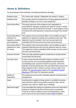 42
Annex A: Definitions
For the purposes of this handbook, the following definitions will apply.
Academic year The ‘school year’ starting 1 September and ending 31 August.
Academy trust The company which has entered into a funding agreement with the
Secretary of State to run one or more academies.
Accounting officer The senior executive of the academy trust, designated as
accountable for regularity, propriety and value for money. In single
academy trusts this should be the principal. In multi-academy trusts
it should be the chief executive or executive principal of the overall
trust.
Accounting officer’s
statement on
regularity, propriety
and compliance
The academy trust’s accounting officer must complete and sign a
statement on regularity, propriety and compliance each year. This
statement must be included in the trust’s annual report and
submitted to EFA at the same time as the annual accounts.
Accounting officer’s
statement on value
for money
The academy trust’s accounting officer must complete and sign a
statement describing how the trust has delivered value for money.
This statement must be submitted to EFA but does not form part of
the trust’s annual accounts.
Accounts direction EFA’s annually published guide for academies on preparing their
annual report and accounts.
Accounts return A return of key financial information based on academy trusts’
annual accounts, but incorporating additional data required for
consolidating trusts’ accounts into EFA’s accounts, and for the
collection of benchmarking data. EFA will collect these returns from
those academy trusts in scope in a format, and by a date, to be
notified. The accounts return replaces the Consistent Financial
Reporting (CFR) return for maintained schools.
Articles of
Association
The articles set out the trust’s charitable object(s) and governance
arrangements.
Asset Anything that is capable of being owned or controlled to produce
value and that is held to have positive economic value. Can be
‘revenue’ (e.g. cash) or ‘capital’ (e.g. a building).
Balanced budget A formal budget plan setting out projected income and expenditure
drawing on unspent funds from previous years as necessary.
Trusts do not have to balance income and expenditure in each
year to zero and can carry forward unspent GAG (if eligible).
 