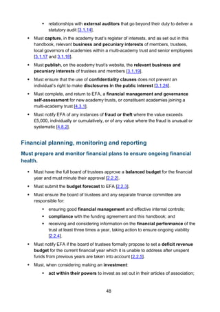 48
 relationships with external auditors that go beyond their duty to deliver a
statutory audit [3.1.14].
 Must capture, in the academy trust’s register of interests, and as set out in this
handbook, relevant business and pecuniary interests of members, trustees,
local governors of academies within a multi-academy trust and senior employees
[3.1.17 and 3.1.18].
 Must publish, on the academy trust’s website, the relevant business and
pecuniary interests of trustees and members [3.1.19].
 Must ensure that the use of confidentiality clauses does not prevent an
individual’s right to make disclosures in the public interest [3.1.24].
 Must complete, and return to EFA, a financial management and governance
self-assessment for new academy trusts, or constituent academies joining a
multi-academy trust [4.3.1].
 Must notify EFA of any instances of fraud or theft where the value exceeds
£5,000, individually or cumulatively, or of any value where the fraud is unusual or
systematic [4.8.2].
Financial planning, monitoring and reporting
Must prepare and monitor financial plans to ensure ongoing financial
health.
 Must have the full board of trustees approve a balanced budget for the financial
year and must minute their approval [2.2.2].
 Must submit the budget forecast to EFA [2.2.3].
 Must ensure the board of trustees and any separate finance committee are
responsible for:
 ensuring good financial management and effective internal controls;
 compliance with the funding agreement and this handbook; and
 receiving and considering information on the financial performance of the
trust at least three times a year, taking action to ensure ongoing viability
[2.2.4].
 Must notify EFA if the board of trustees formally propose to set a deficit revenue
budget for the current financial year which it is unable to address after unspent
funds from previous years are taken into account [2.2.5].
 Must, when considering making an investment:
 act within their powers to invest as set out in their articles of association;
 