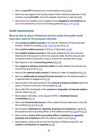 52
 Must not pool PFI funding across a multi-academy trust [3.10.5].
 Must have due regard to the funding needs of their individual academies if multi-
academy trusts pool GAG, and to the appeals mechanism in place [3.10.6].
 Must ensure the academy trust is eligible for the delegations and freedoms set
out in this handbook by virtue of its funding agreement [3.11.1 to 3.11.5].
Audit requirements
Must be able to assure Parliament and the public that public funds
have been used for the purposes intended.
 Must produce audited accounts in line with the ‘Statement of Recommended
Practice’ (SORP) for charities [1.4.2, 1.4.3, 2.2.14 and 4.1.1].
 Must submit audited accounts to EFA by 31 December [1.4.2].
 Must publish audited accounts on the trust’s website by the end of January
following the financial year to which the accounts relate, file their accounts with
Companies House and provide a copy to anyone who requests them [1.4.5].
 Must approve a set of accounting policies [2.2.14].
 Must appoint a statutory (external) auditor to certify whether the accounts are
true and fair [2.2.14 and 4.1.1].
 Must put the external audit contract in writing as a letter of engagement [4.1.2].
 Must put additionally purchased financial services from the external auditor in
a separate letter of engagement [4.1.2].
 Must provide in the audit contract for the removal of external auditors before the
expiry of the term as set out in this handbook [4.1.4].
 Must notify EFA immediately of the removal or resignation of external auditors,
and the reasons [4.1.5].
 Must prepare information, at the request of EFA, to facilitate financial
consolidation [4.1.7].
 Must make financial disclosures in their audited financial statements in line with
this handbook [3.1.8 and 3.1.9].
 Must include a statement on regularity, propriety and compliance, signed by
the academy trust’s accounting officer, in the audited accounts [1.5.23 and 4.2.2].
 Must include a review of the accounting officer’s statement on regularity,
propriety and compliance within the external auditor’s remit [4.2.5].
 Must address, jointly to the trust and the Secretary of State through EFA, the
auditor’s conclusions on regularity [4.2.5].
 