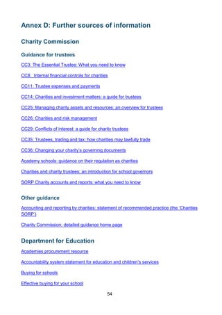 54
Annex D: Further sources of information
Charity Commission
Guidance for trustees
CC3: The Essential Trustee: What you need to know
CC8: Internal financial controls for charities
CC11: Trustee expenses and payments
CC14: Charities and investment matters: a guide for trustees
CC25: Managing charity assets and resources: an overview for trustees
CC26: Charities and risk management
CC29: Conflicts of interest: a guide for charity trustees
CC35: Trustees, trading and tax: how charities may lawfully trade
CC36: Changing your charity’s governing documents
Academy schools: guidance on their regulation as charities
Charities and charity trustees: an introduction for school governors
SORP Charity accounts and reports: what you need to know
Other guidance
Accounting and reporting by charities: statement of recommended practice (the ‘Charities
SORP’)
Charity Commission: detailed guidance home page
Department for Education
Academies procurement resource
Accountability system statement for education and children’s services
Buying for schools
Effective buying for your school
 