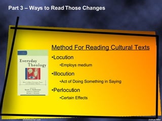 Part 3 – Ways to Read Those Changes Method For Reading Cultural Texts Locution Employs medium Illocution Act of Doing Something in Saying Perlocution Certain Effects 