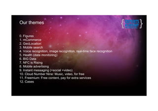 Our themes

0. Figures
1. mCommerce
2. GeoLocation
3. Mobile search
4. Voice recognition, image recognition, real-time face recognition
5. Health (data monitoring)
6. BIG Data
7. NFC is Rising
8. Mobile advertising
9. Instant messaging (+social +video)
10. Cloud Number Nine: Music, video, for free
11. Freemium: Free content, pay for extra services
12. Cases
 