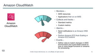 © 2022, Amazon Web Services, Inc. or its affiliates. All rights reserved. 15
Amazon CloudWatch
• Monitors –
• AWS resources
• Applications that run on AWS
• Collects and tracks –
• Standard metrics
• Custom metrics
• Alarms –
• Send notifications to an Amazon SNS
topic
• Perform Amazon EC2 Auto Scaling or
Amazon EC2 actions
• Events –
• Define rules to match changes in AWS
environment and route these events to
one or more target functions or streams
for processing
Amazon
CloudWatch
 