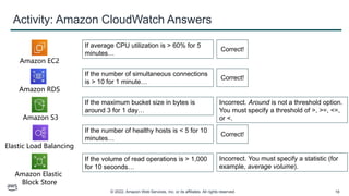 © 2022, Amazon Web Services, Inc. or its affiliates. All rights reserved. 18
Activity: Amazon CloudWatch Answers
Amazon EC2
If average CPU utilization is > 60% for 5
minutes…
Correct!
Amazon RDS
If the number of simultaneous connections
is > 10 for 1 minute…
Correct!
If the maximum bucket size in bytes is
around 3 for 1 day…
Amazon S3
Incorrect. Around is not a threshold option.
You must specify a threshold of >, >=, <=,
or <.
Elastic Load Balancing
If the number of healthy hosts is < 5 for 10
minutes…
Correct!
Amazon Elastic
Block Store
If the volume of read operations is > 1,000
for 10 seconds…
Incorrect. You must specify a statistic (for
example, average volume).
 