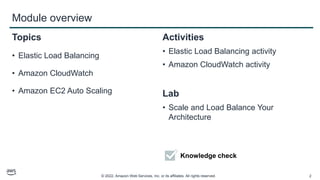 © 2022, Amazon Web Services, Inc. or its affiliates. All rights reserved. 2
Module overview
Topics
• Elastic Load Balancing
• Amazon CloudWatch
• Amazon EC2 Auto Scaling
Activities
• Elastic Load Balancing activity
• Amazon CloudWatch activity
Lab
• Scale and Load Balance Your
Architecture
Knowledge check
 