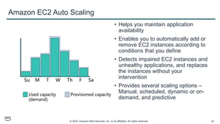 © 2022, Amazon Web Services, Inc. or its affiliates. All rights reserved. 22
Amazon EC2 Auto Scaling
• Helps you maintain application
availability
• Enables you to automatically add or
remove EC2 instances according to
conditions that you define
• Detects impaired EC2 instances and
unhealthy applications, and replaces
the instances without your
intervention
• Provides several scaling options –
Manual, scheduled, dynamic or on-
demand, and predictive
Su M T W Th F Sa
Used capacity
(demand)
Provisioned capacity
 
