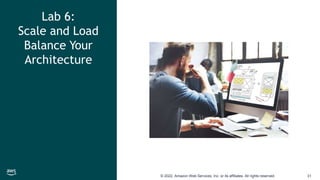 © 2022, Amazon Web Services, Inc. or its affiliates. All rights reserved. 31
Lab 6:
Scale and Load
Balance Your
Architecture
 
