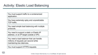 © 2022, Amazon Web Services, Inc. or its affiliates. All rights reserved. 9
Activity: Elastic Load Balancing
You must support traffic to a containerized
application.
You have extremely spiky and unpredictable
TCP traffic.
You need simple load balancing with multiple
protocols.
You need to support a static or Elastic IP
address, or an IP target outside a VPC.
You need a load balancer that can handle
millions of requests per second while
maintaining low latencies.
You must support HTTPS requests.
 