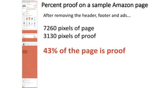 After removing the header, footer and ads...
7260 pixels of page
3130 pixels of proof
43% of the page is proof
Percent proof on a sample Amazon page
 