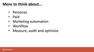 @crestodina
More to think about...
• Personas
• Paid
• Marketing automation
• Workflow
• Measure, audit and optimize
 