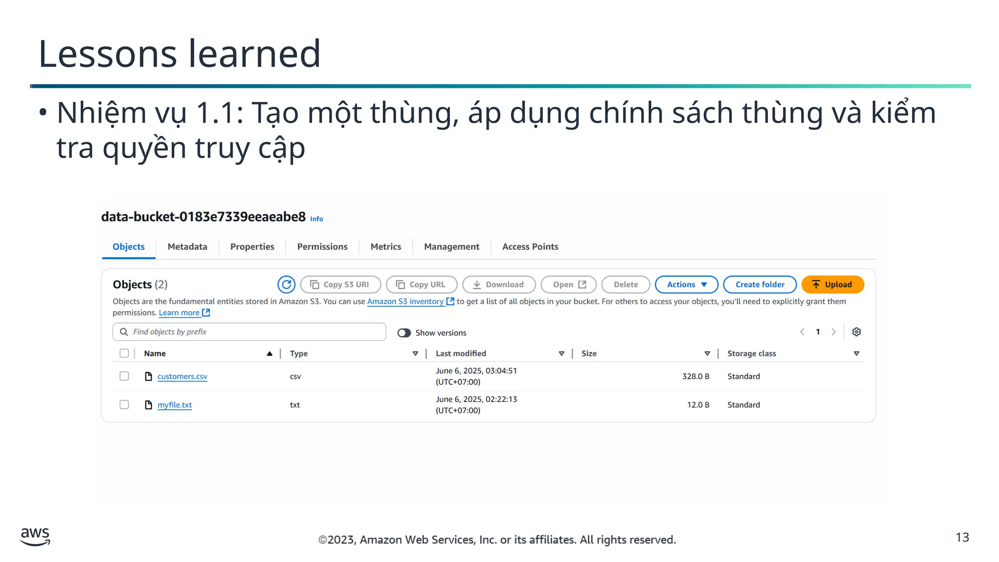 13
Lessons learned
• Nhiệm vụ 1.1: Tạo một thùng, áp dụng chính sách thùng và kiểm
tra quyền truy cập
 