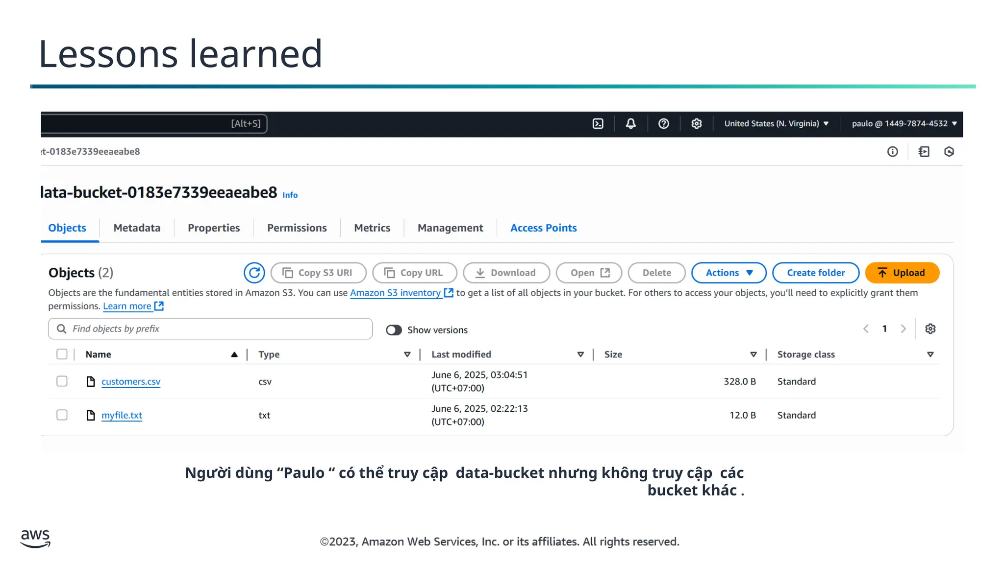 Người dùng “Paulo “ có thể truy cập data-bucket nhưng không truy cập các
bucket khác .
Lessons learned
 