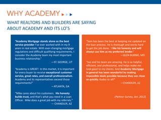 WHY ACADEMY
WHAT REALTORS AND BUILDERS ARE SAYING
ABOUT ACADEMY AND ITS LO’S

   “Academy Mortgage stands alone as the best             “Sam has been the best at keeping me updated on
   service provider I’ve ever worked with in my 9         the loan process. He is thorough and works hard
   years in real estate. With ever‐changing mortgage      to get the job done. I like his honesty and will
   regulations and difficult qualifying requirements, I   always use him as my preferred lender.”
   consider the Academy team my most important                                           —GLEN BURNIE, MD
   business relationship.”
                                    —ST. GEORGE, UT       “Joe and his team are amazing. He is so helpful,
                                                          efficient, and professional, and helps make me
   “Academy is GREAT! In this market, it is important     look good to my clients. And Academy Mortgage
   for every buyer to receive exceptional customer        in general has been wonderful by making
   service, great rates, and overall professionalism.     impossible deals possible because they can close
   Academy and its representatives exceed those           so quickly. Kudos to all!”
   requirements!”                                                                        —CHANDLER, AZ
                                  —ATLANTA, GA

   “Mike cares about his customers. His honesty
   builds trust, and that’s what you need in a Loan                              (Partner Survey, Jan. 2012)
   Officer. Mike does a great job with my referrals.”
                                  — CHANDLER, AZ
 