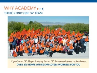 WHY ACADEMY
THERE’S ONLY ONE “A” TEAM




                         December 8, 2011


    If you’re an “A” Player looking for an “A” Team–welcome to Academy.
          OVER 275 HOME OFFICE EMPLOYEES WORKING FOR YOU
 