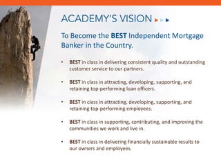 ACADEMY’S VISION
To Become the BEST Independent Mortgage
Banker in the Country.

•   BEST in class in delivering consistent quality and outstanding
    customer service to our partners.

•   BEST in class in attracting, developing, supporting, and
    retaining top-performing loan officers.

•   BEST in class in attracting, developing, supporting, and
    retaining top-performing employees.
        December 8, 2011
•   BEST in class in supporting, contributing, and improving the
    communities we work and live in.

•   BEST in class in delivering financially sustainable results to
    our owners and employees.
 