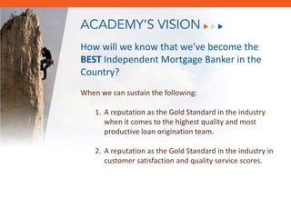 ACADEMY’S VISION
How will we know that we’ve become the
BEST Independent Mortgage Banker in the
Country?
When we can sustain the following:

    1. A reputation as the Gold Standard in the industry
       when it comes to the highest quality and most
       productive loan origination team.

       December 8, 2011
    2. A reputation as the Gold Standard in the industry in
       customer satisfaction and quality service scores.
 