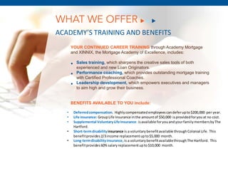 WHAT WE OFFER
ACADEMY’S TRAINING AND BENEFITS
       YOUR CONTINUED CAREER TRAINING through Academy Mortgage
       and XINNIX, the Mortgage Academy of Excellence, includes:

       •    Sales training, which sharpens the creative sales tools of both
            experienced and new Loan Originators.
       •    Performance coaching, which provides outstanding mortgage training
            with Certified Professional Coaches.
       •    Leadership development, which empowers executives and managers
            to aim high and grow their business.


       BENEFITS AVAILABLE TO YOU include:

   •       Deferred compensation. Highly compensated employees can defer up to $200,000 per year.
   •       Life insurance: Group Life Insurance in the amount of $50,000 is provided for you at no cost.
   •       Supplemental Voluntary Life Insurance: is available for you and your family members by The
           Hartford.
   •       Short-term disability insurance is a voluntary benefit available through Colonial Life. This
           benefit provides 2/3 income replacement up to $5,000 month.
   •       Long-term disability insurance, is a voluntary benefit available through The Hartford. This
           benefit provides 60% salary replacement up to $10,000 month.
 