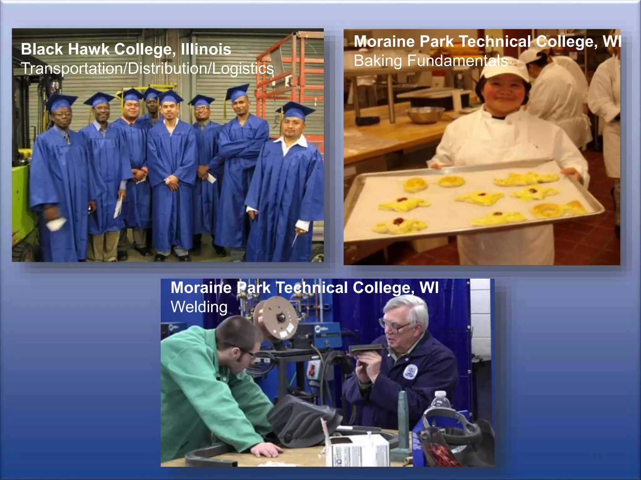 11
Black Hawk College, Illinois
Transportation/Distribution/Logistics
Moraine Park Technical College, WI
Welding
Moraine Park Technical College, WI
Baking Fundamentals
 