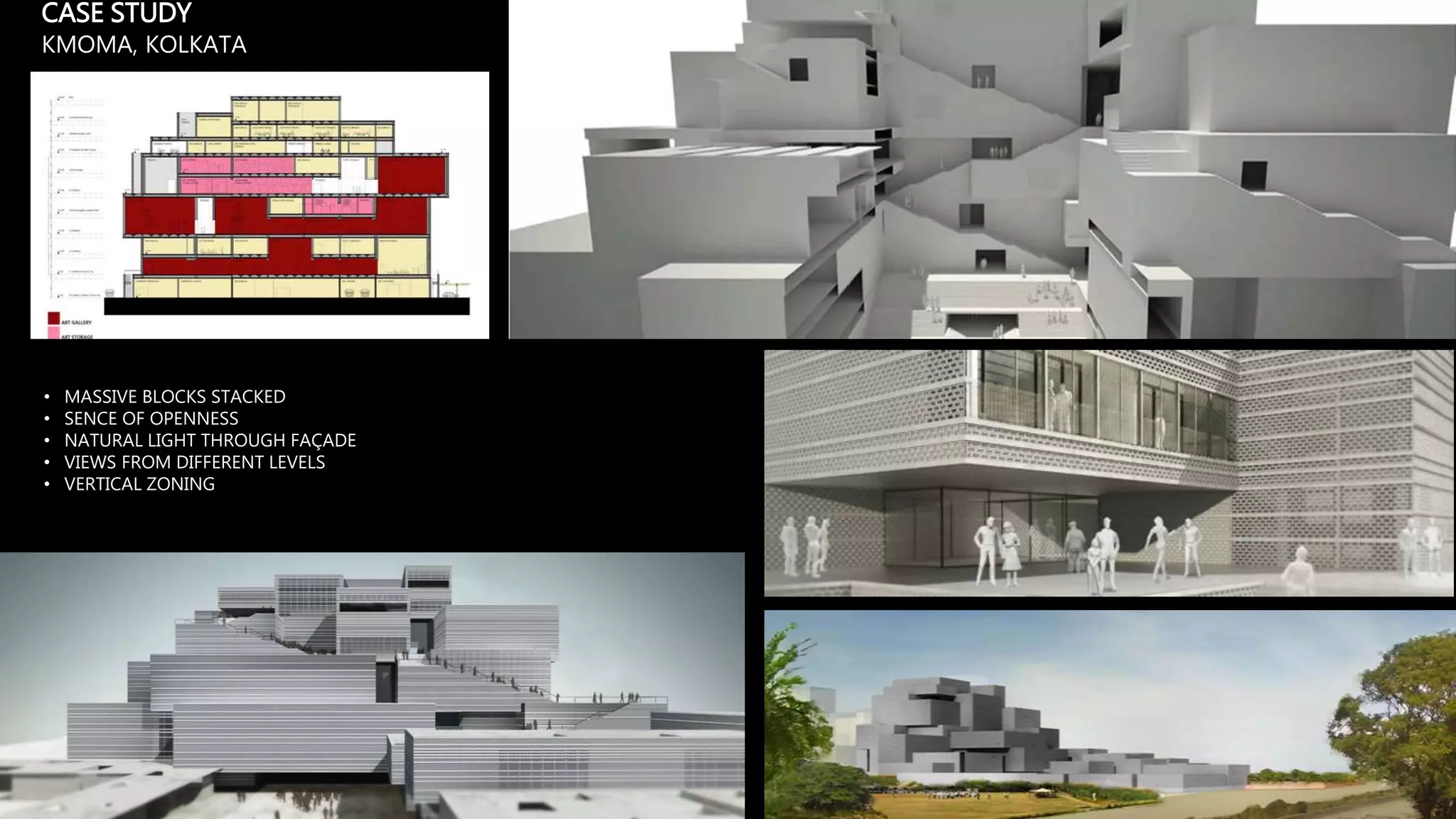 CASE STUDY
KMOMA, KOLKATA
• MASSIVE BLOCKS STACKED
• SENCE OF OPENNESS
• NATURAL LIGHT THROUGH FAÇADE
• VIEWS FROM DIFFERENT LEVELS
• VERTICAL ZONING
 
