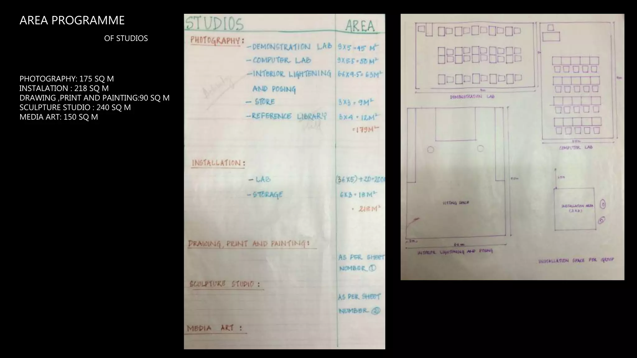 AREA PROGRAMME
PHOTOGRAPHY: 175 SQ M
INSTALATION : 218 SQ M
DRAWING ,PRINT AND PAINTING:90 SQ M
SCULPTURE STUDIO : 240 SQ M
MEDIA ART: 150 SQ M
OF STUDIOS
 