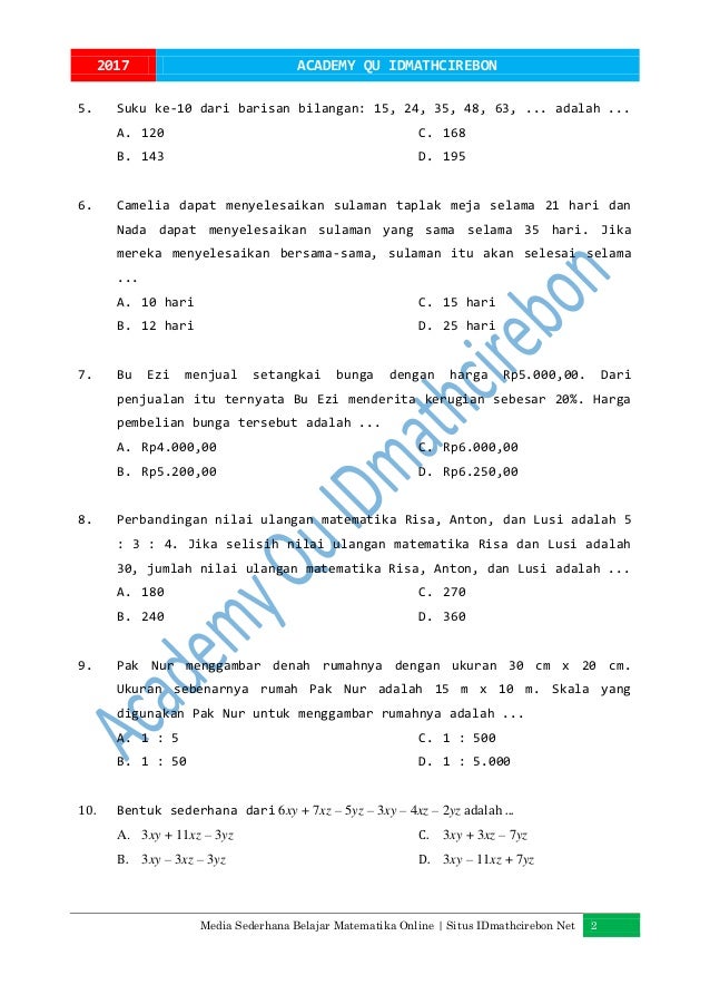 Academy Qu Idmathcirebon Naskah Un Matematika Smp Mts 2017