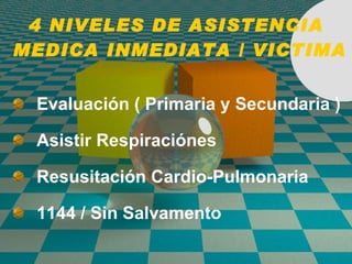 4 NIVELES DE ASISTENCIA  MEDICA INMEDIATA / VICTIMA Evaluaci ó n ( Primaria y Secundaria ) Asistir Respiraci ó nes Resusitaci ó n Cardio-Pulmonaria 1144 / Sin Salvamento 