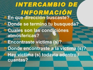 INTERCAMBIO DE INFORMACIÓN En que direcci ó n buscaste?  Donde se termino tu busqueda? Cuales son las condici ó nes atmosfericas? Encontraste victima (s)? Donde encontraste a la victima (s)? Hay victima (s) todavia adentro / cuantas? 