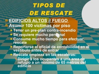 TIPOS DE   DE RESCATE EDIFICIOS ALTOS // FUEGO   Asumir 100 victimas por piso Tener un pre-plan contra-incendio  Se requiere mucho personal Consume mucho tiempo para efectuar rescate Reportarse al oficial de contabilidad en el vestibulo antes de entrar Rescate empieza en las escaleras: Dirigir a los ocupantes a una area de refugio a un minimo de 65 metros del edifici o 