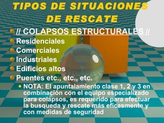 TIPOS DE SITUACIONES  DE RESCATE // COLAPSOS ESTRUCTURALES  // Residenciales Comerciales Industriales Edificios altos Puentes etc., etc., etc. NOTA: El apuntalamiento clase 1, 2 y 3 en combinaci ón con el equipo especializado para colapsos, es requerido para efectuar la busqueda y rescate más eficasmente y con medidas de seguridad 